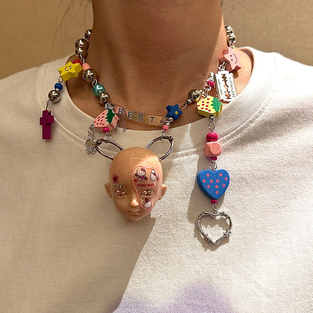 Y2K Decora Pink Doll Face Necklace with Smiley Star, Strawberry & Razor Blade Charms - Crux Jewelry product image 3