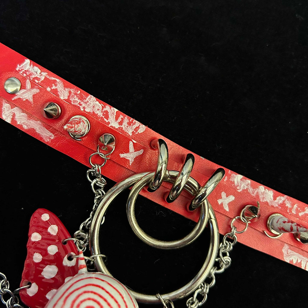 Red Graffiti Leather Spiked Choker with Spiral Doll Face & Spotted Butterfly Wings - Crux Jewelry product image 4
