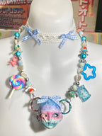 Sweet Lolita Pastel Doll Face Necklace with Rainbow & Blue Gingham Bows - Crux Jewelry product image 2