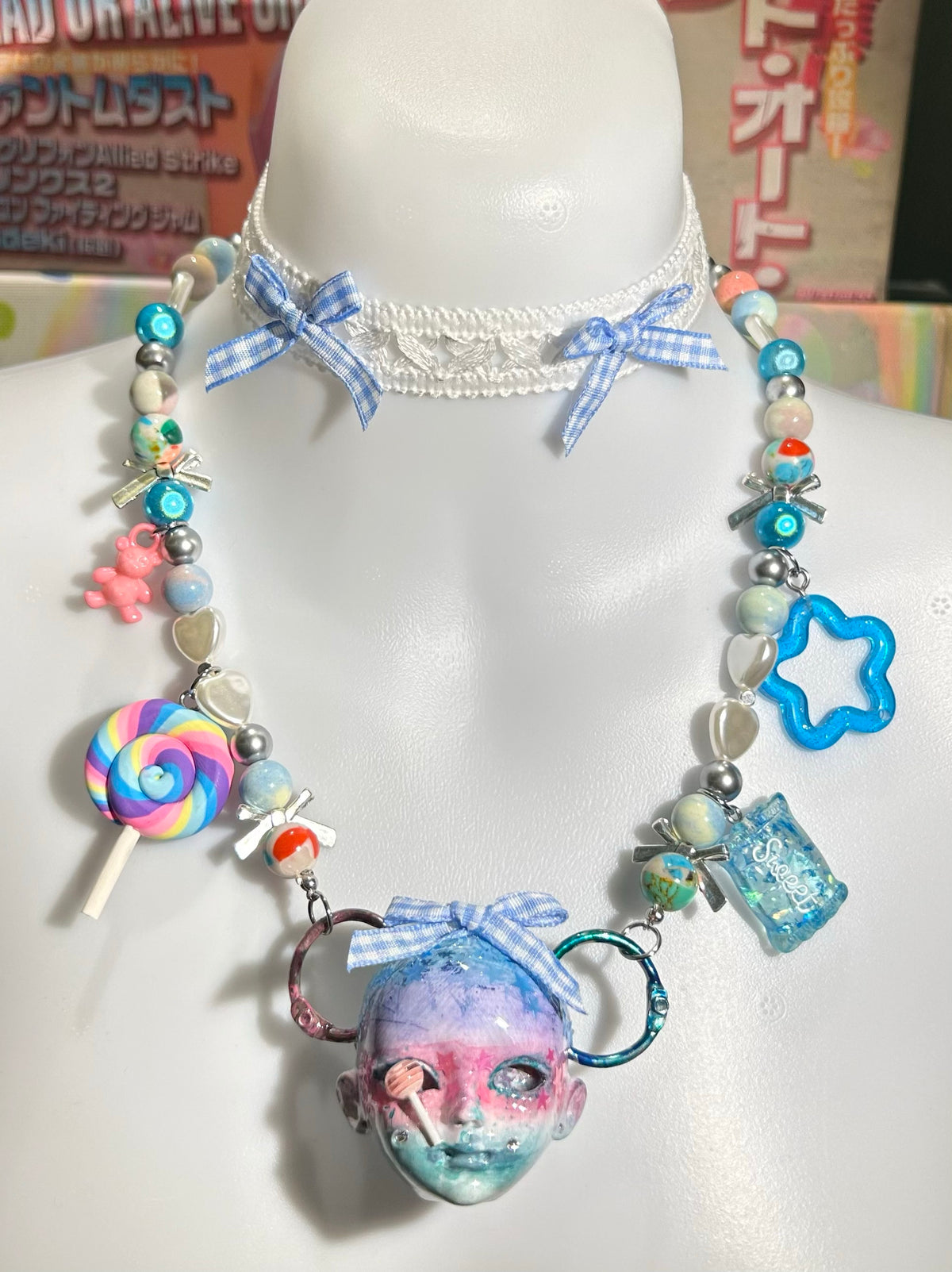 Sweet Lolita Pastel Doll Face Necklace with Rainbow & Blue Gingham Bows - Crux Jewelry product image 2