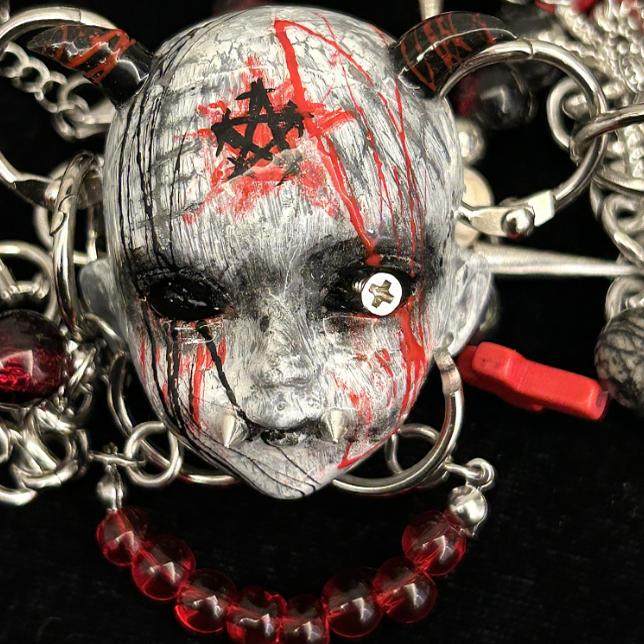 Occult Vampire Demon Doll Face Necklace - Bloody Pentagram, Fangs & Heavy Chains With... - Crux Jewelry product image 7