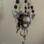 Silver Metallic Butterfly Doll Face Necklace with Rhinestone Heart & Winged Skull Charm - Crux Jewelry product image 8
