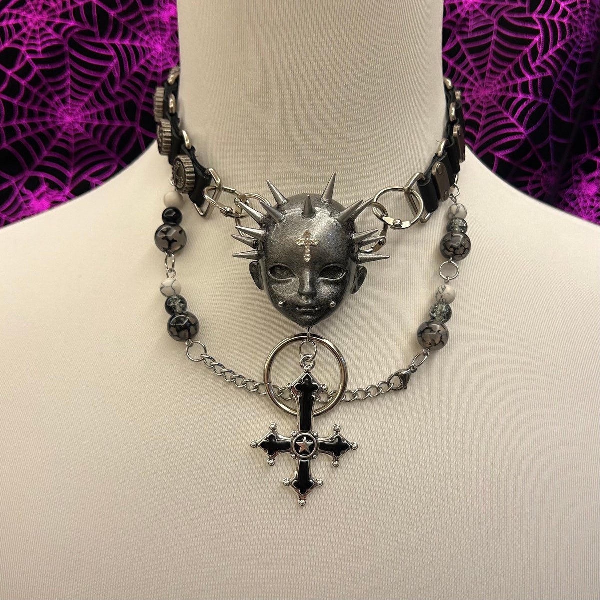 Silver Spiked Doll Face Necklace - Layered Beaded Chain & Inverted Cross Pendant - Crux Jewelry product image 2
