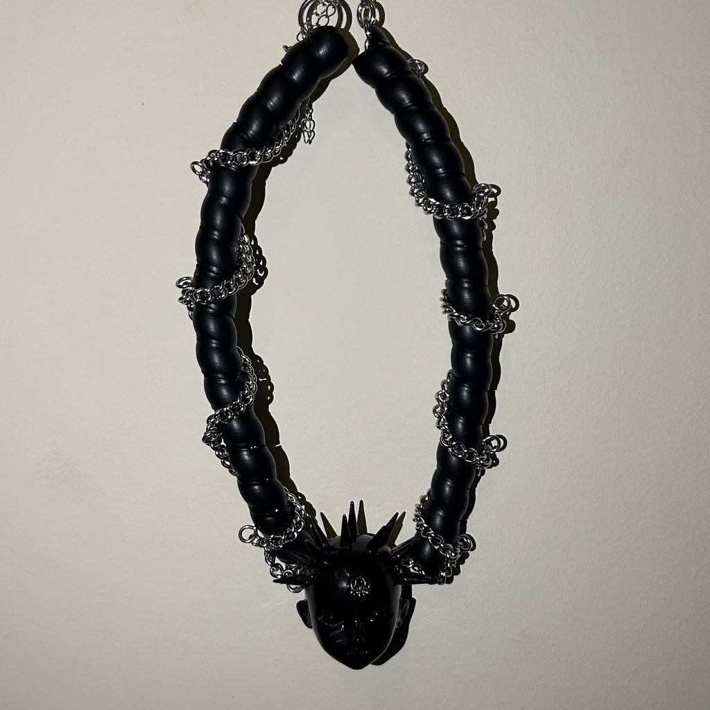 Black Glossy Spiked Doll Face Choker with Spider Emblem - Chunky Twisted Cord & Chain... - Crux Jewelry product image 4