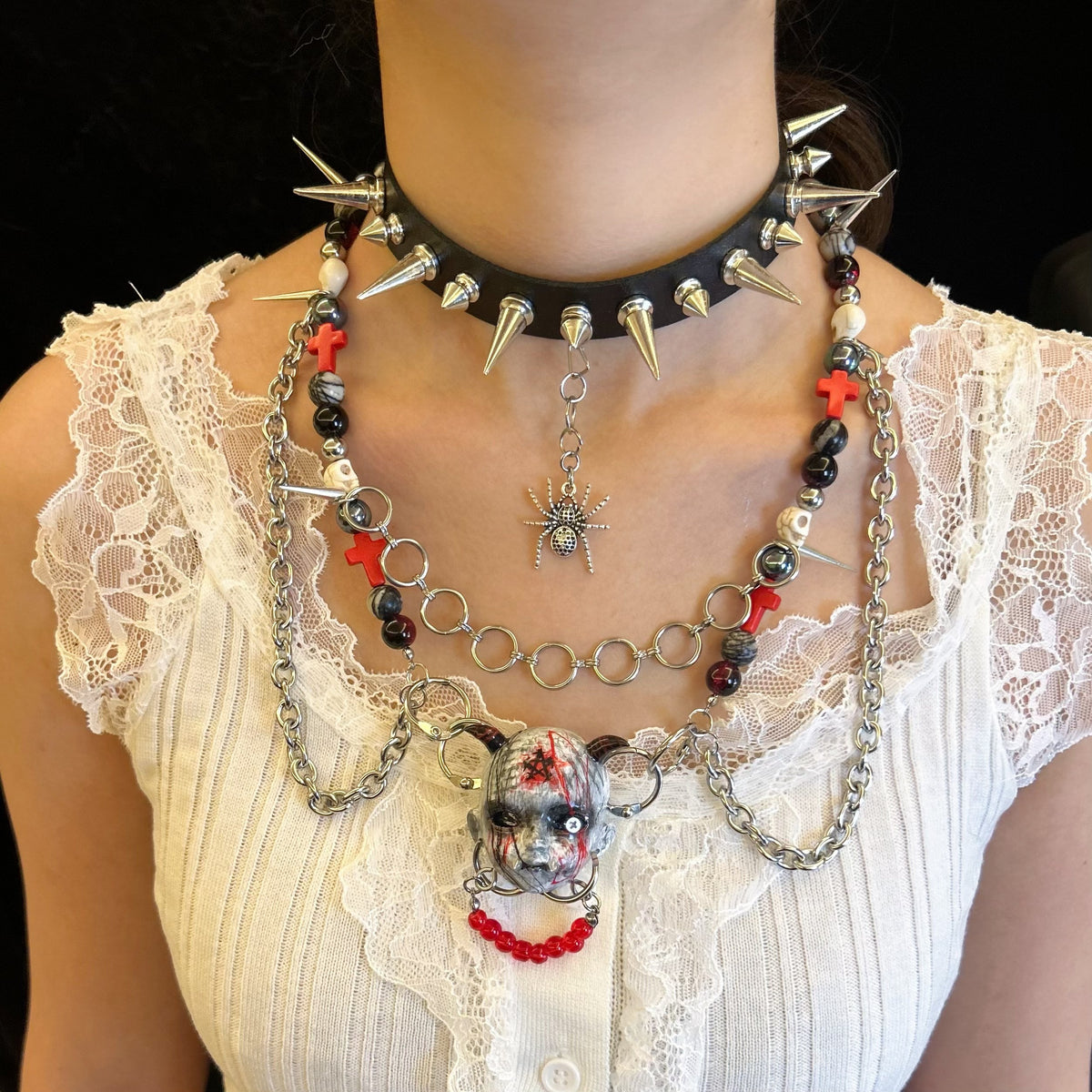 Occult Vampire Demon Doll Face Necklace - Bloody Pentagram, Fangs & Heavy Chains With... - Crux Jewelry product image 4