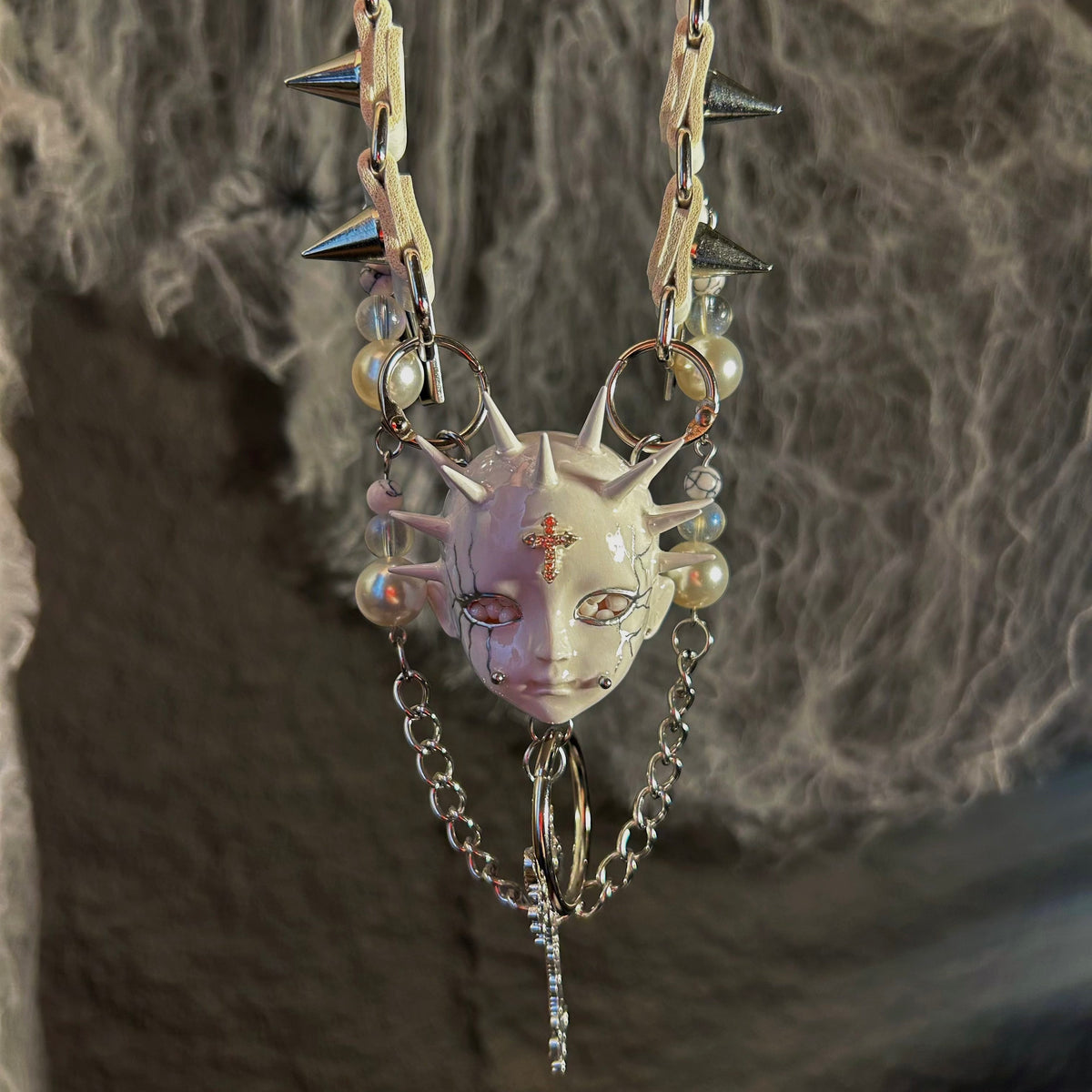 White Goth "Crying Angel" Spiked Doll Face Choker - Pearls, Coffins & Ornate Cross - Crux Jewelry product image 3
