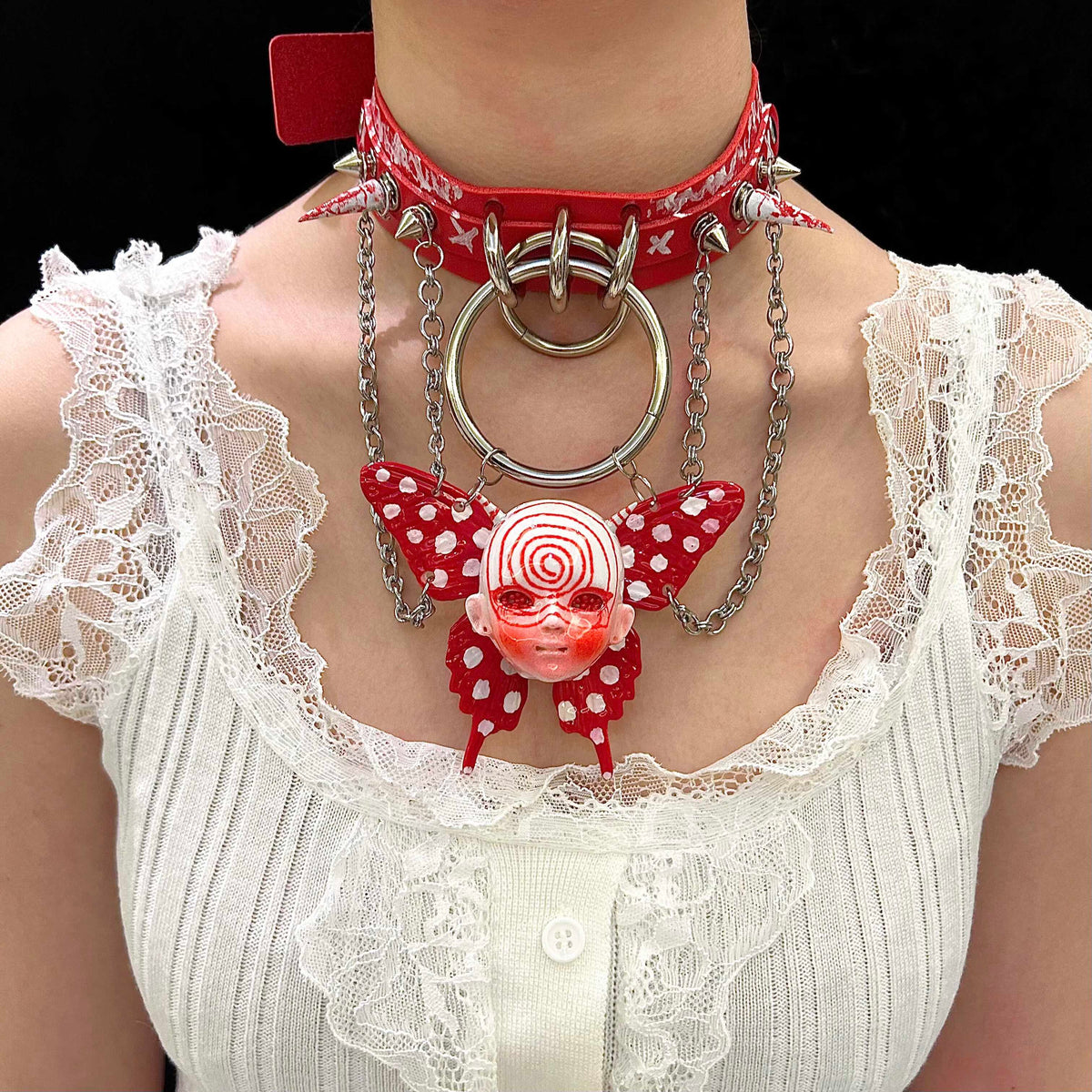 Red Graffiti Leather Spiked Choker with Spiral Doll Face & Spotted Butterfly Wings - Crux Jewelry product image 3