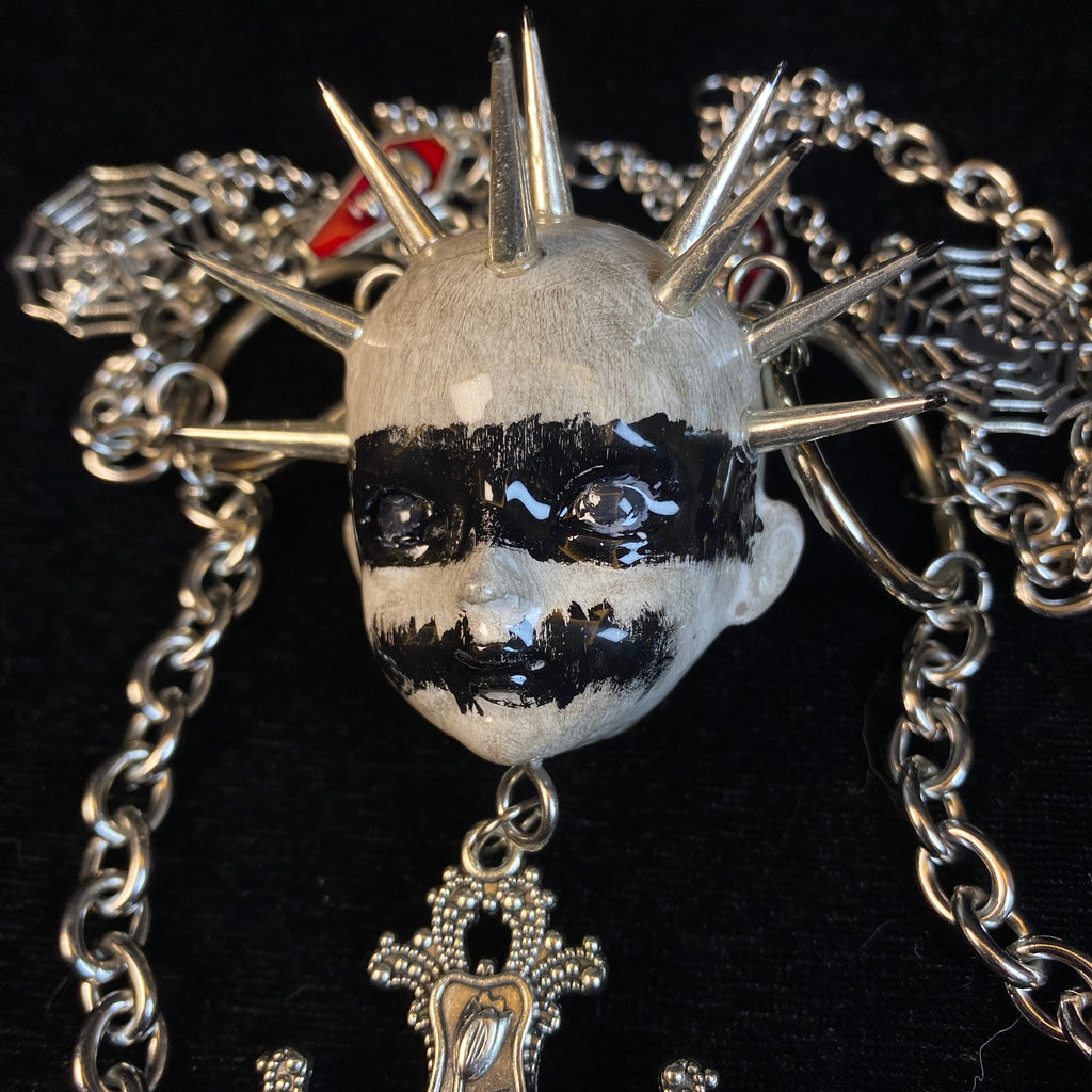 Black Metal "Corpse Paint" Spiked Doll Face Necklace - Ornate Cross & Razor Blade Charms - Crux Jewelry product image 4