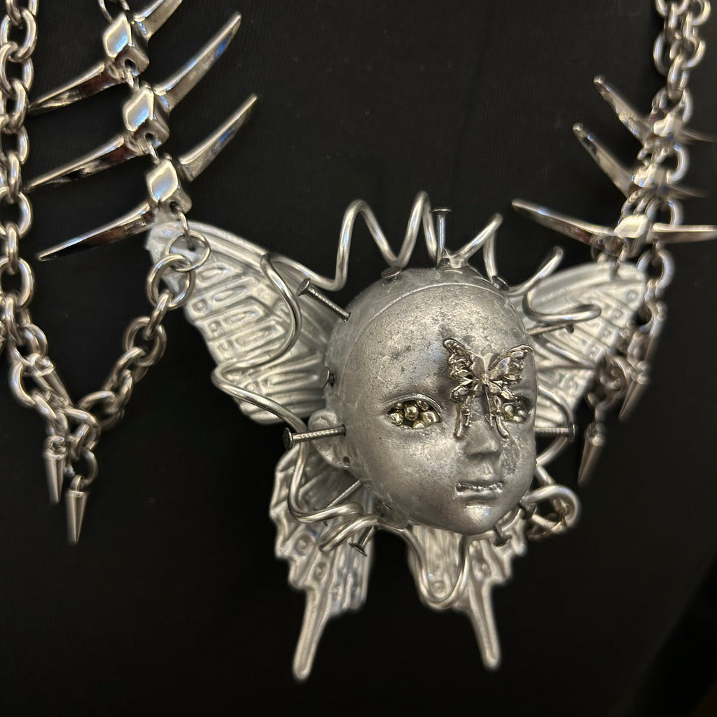 Cyberpunk Silver Metallic Butterfly Doll Face Necklace - Wire Wrapped & Spiked Chains - Crux Jewelry product image 5