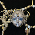Silver Metallic "Third Eye" Crying Doll Face Choker - Black Leather & Gothic Cross Studs - Crux Jewelry product image 1