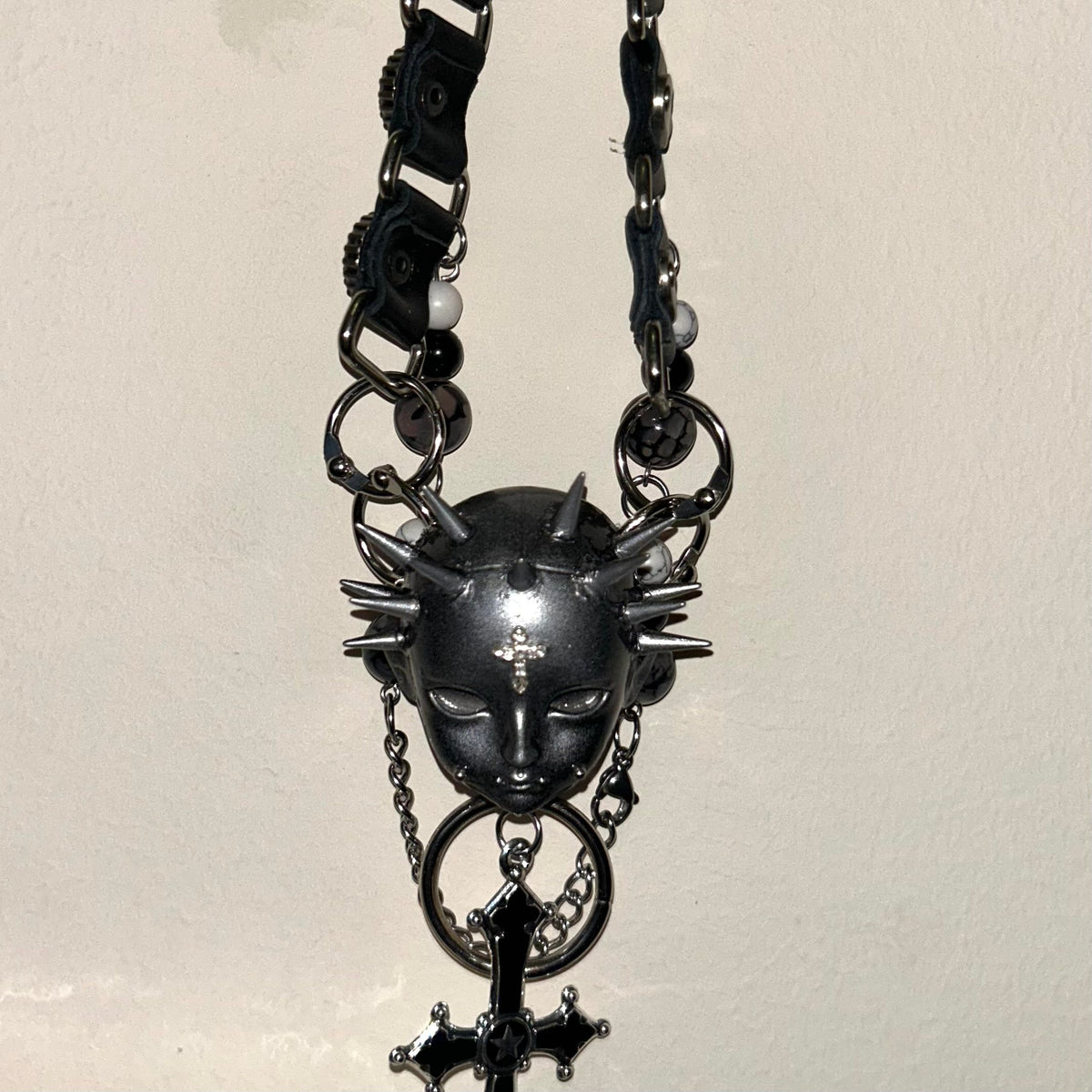 Silver Spiked Doll Face Necklace - Layered Beaded Chain & Inverted Cross Pendant - Crux Jewelry product image 5