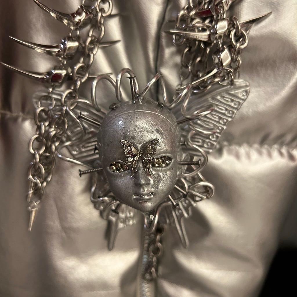 Cyberpunk Silver Metallic Butterfly Doll Face Necklace - Wire Wrapped & Spiked Chains - Crux Jewelry product image 6