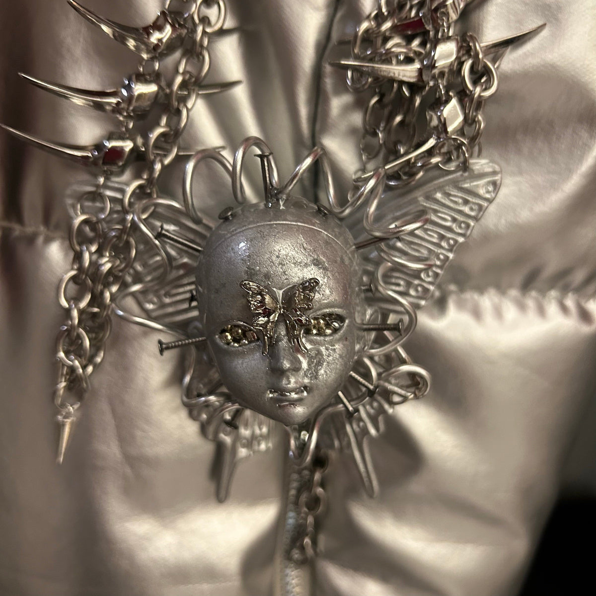 Cyberpunk Silver Metallic Butterfly Doll Face Necklace - Wire Wrapped & Spiked Chains - Crux Jewelry product image 6