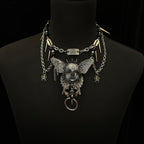 Silver Metallic Butterfly Doll Face Necklace with Rhinestone Heart & Winged Skull Charm - Crux Jewelry product image 2