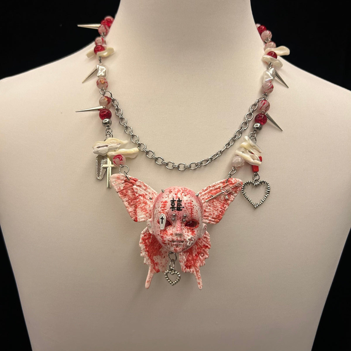 Bloody "Ghost Bride" Butterfly Doll Face Necklace - Double Happiness Symbol & Coffin Charm - Crux Jewelry product image 4