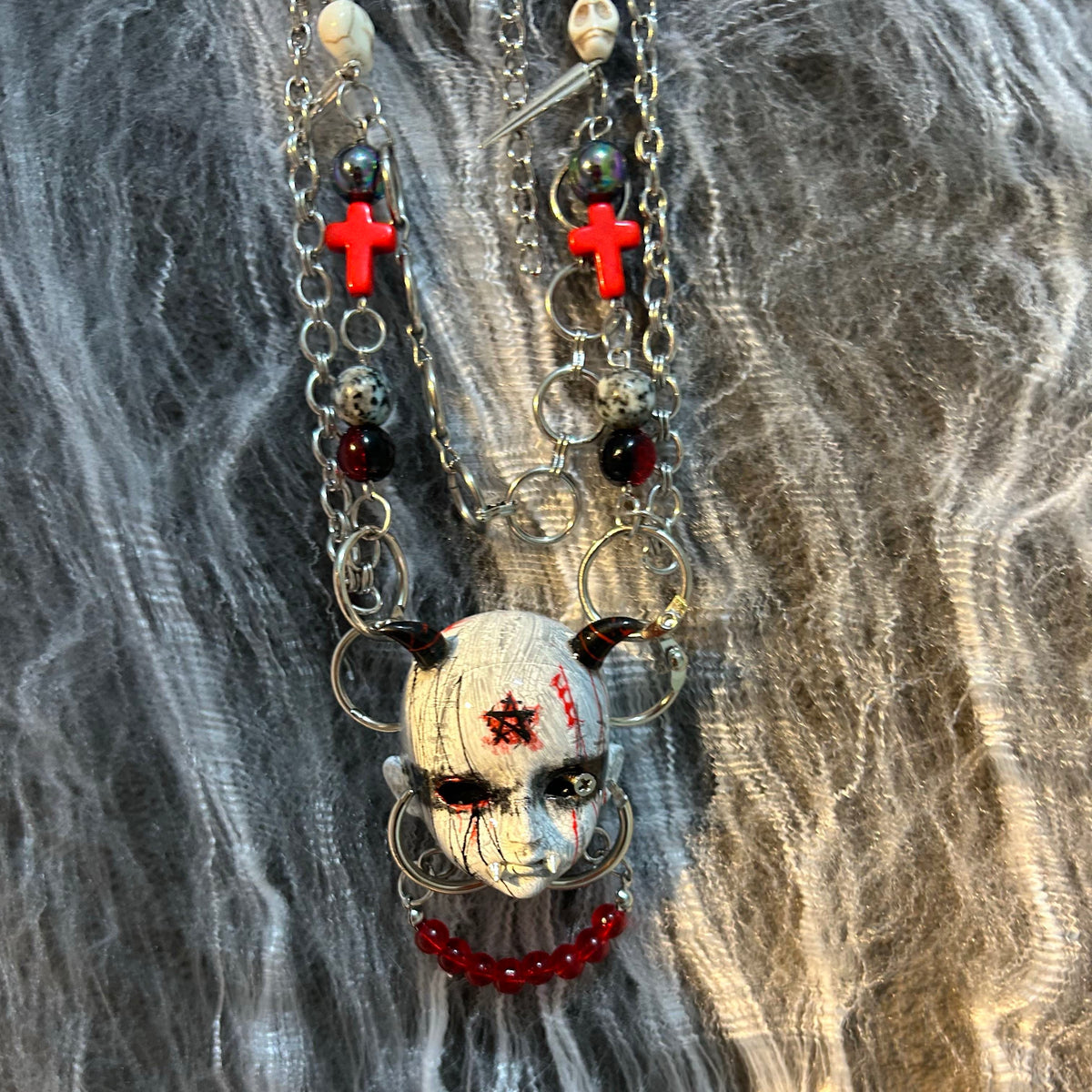 Occult Vampire Demon Doll Face Necklace - Bloody Pentagram, Fangs & Heavy Chains With... - Crux Jewelry product image 6