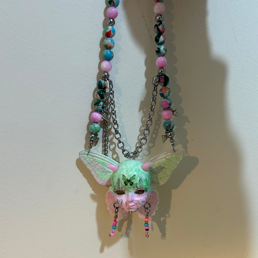 Pastel Goth Green Moth Doll Face Necklace with Pink Horns & Candy Beads - Crux Jewelry product image 3