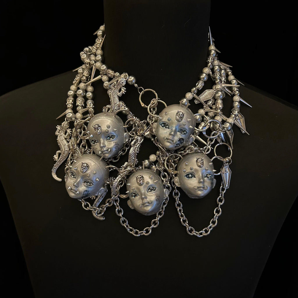 Silver Metallic "Third Eye" Crying Doll Face Choker - Black Leather & Gothic Cross Studs - Crux Jewelry product image 7