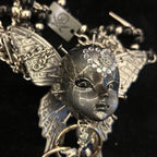 Silver Metallic Butterfly Doll Face Necklace with Rhinestone Heart & Winged Skull Charm - Crux Jewelry product image 9