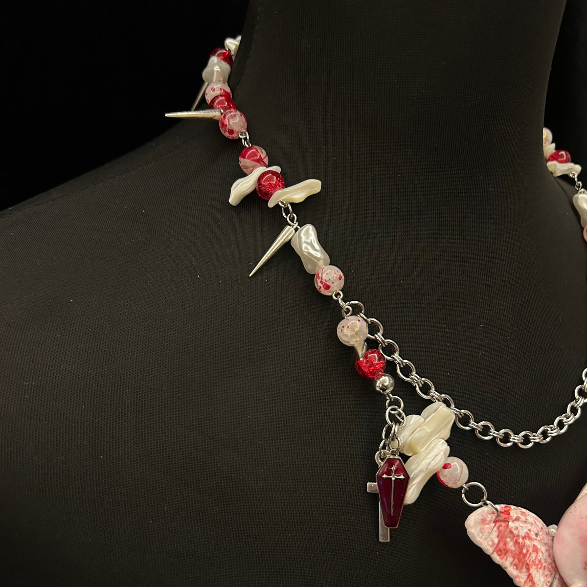 Bloody "Ghost Bride" Butterfly Doll Face Necklace - Double Happiness Symbol & Coffin Charm - Crux Jewelry product image 6