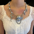 Silver Metallic "Third Eye" Crying Doll Face Choker - Black Leather & Gothic Cross Studs - Crux Jewelry product image 5