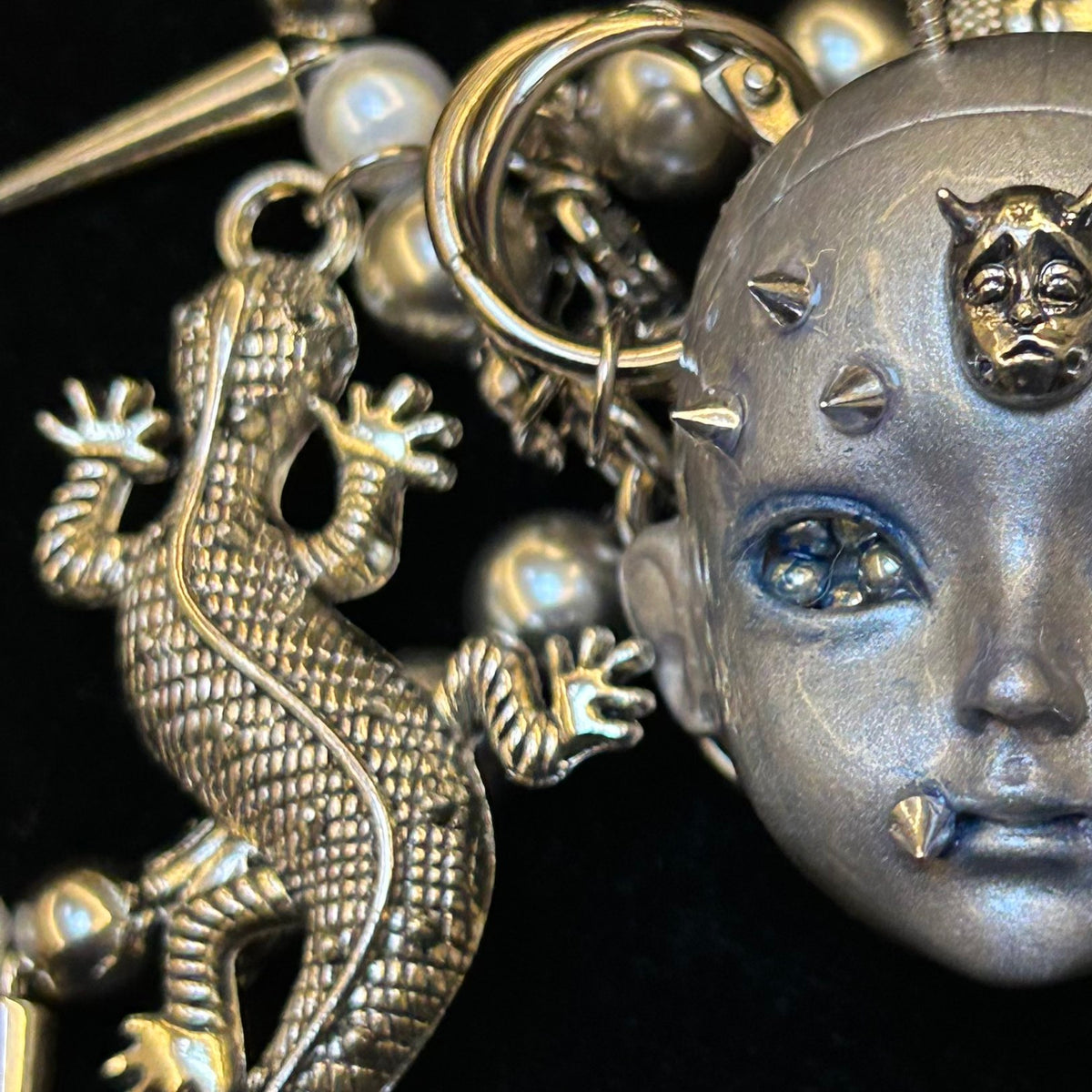 Silver Metallic "Third Eye" Crying Doll Face Choker - Black Leather & Gothic Cross Studs - Crux Jewelry product image 3