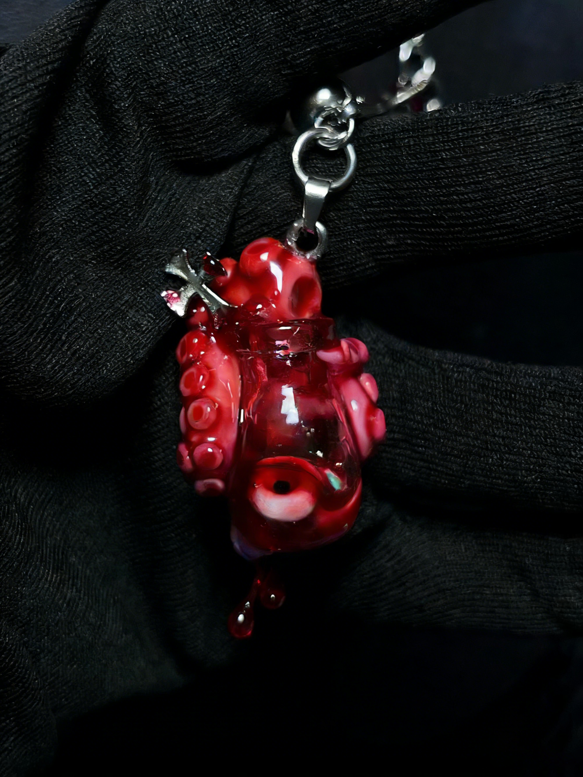 Trapped in Medicine Jar Necklace - Red Tentacle Specimen & Silver Cross - Crux Jewelry product image 2