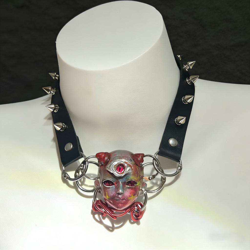Industrial Grunge "Mutant" Third Eye Doll Choker - Red Wire & Large O-Rings - Crux Jewelry product image 2