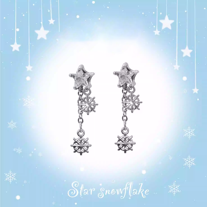 Christmas - PAIR OF Snowflake Pentagram Dangle Stainless Steel Ear Studs - product overview