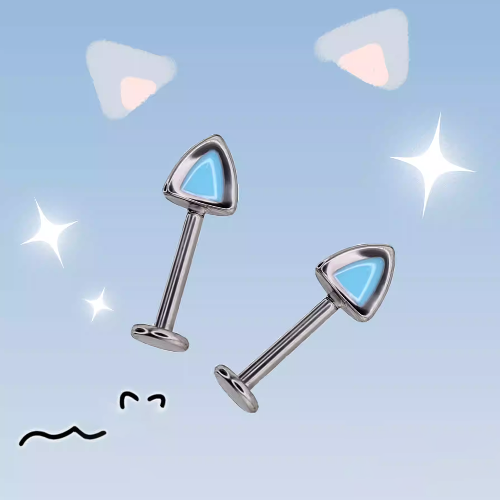 Paws & Purrs - Blue and Pink Cat Ear Stainless Steel Internally Threaded Helix Studs - Blue