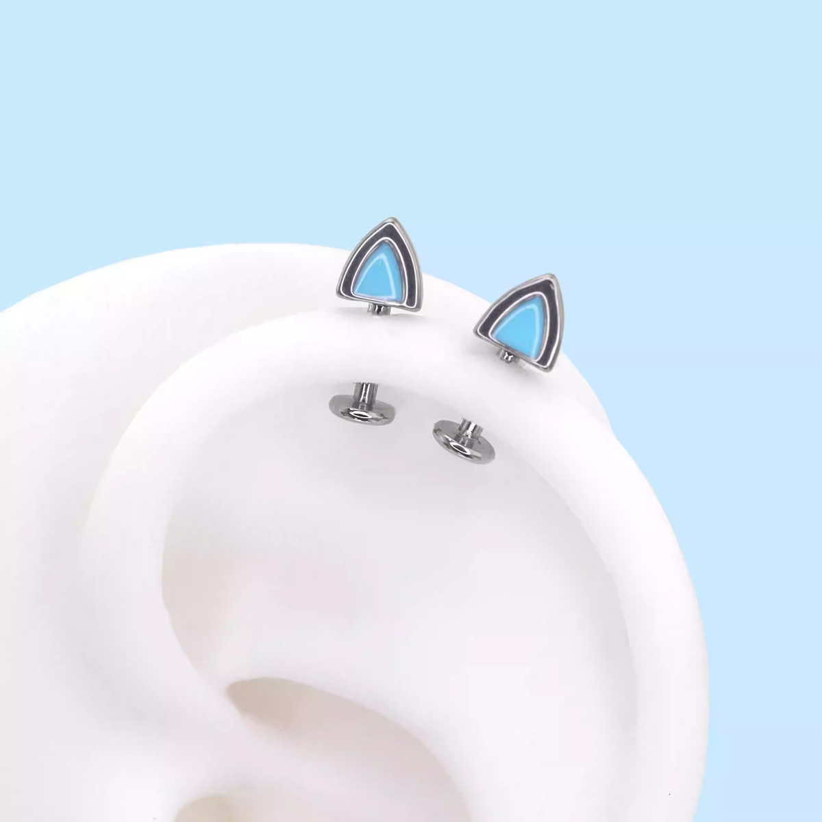 Paws & Purrs - Blue and Pink Cat Ear Stainless Steel Internally Threaded Helix Studs - Blue