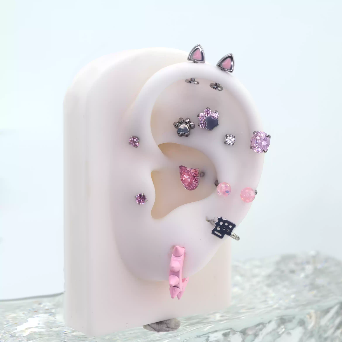 Paws & Purrs - Blue and Pink Cat Ear Stainless Steel Internally Threaded Helix Studs - Blue