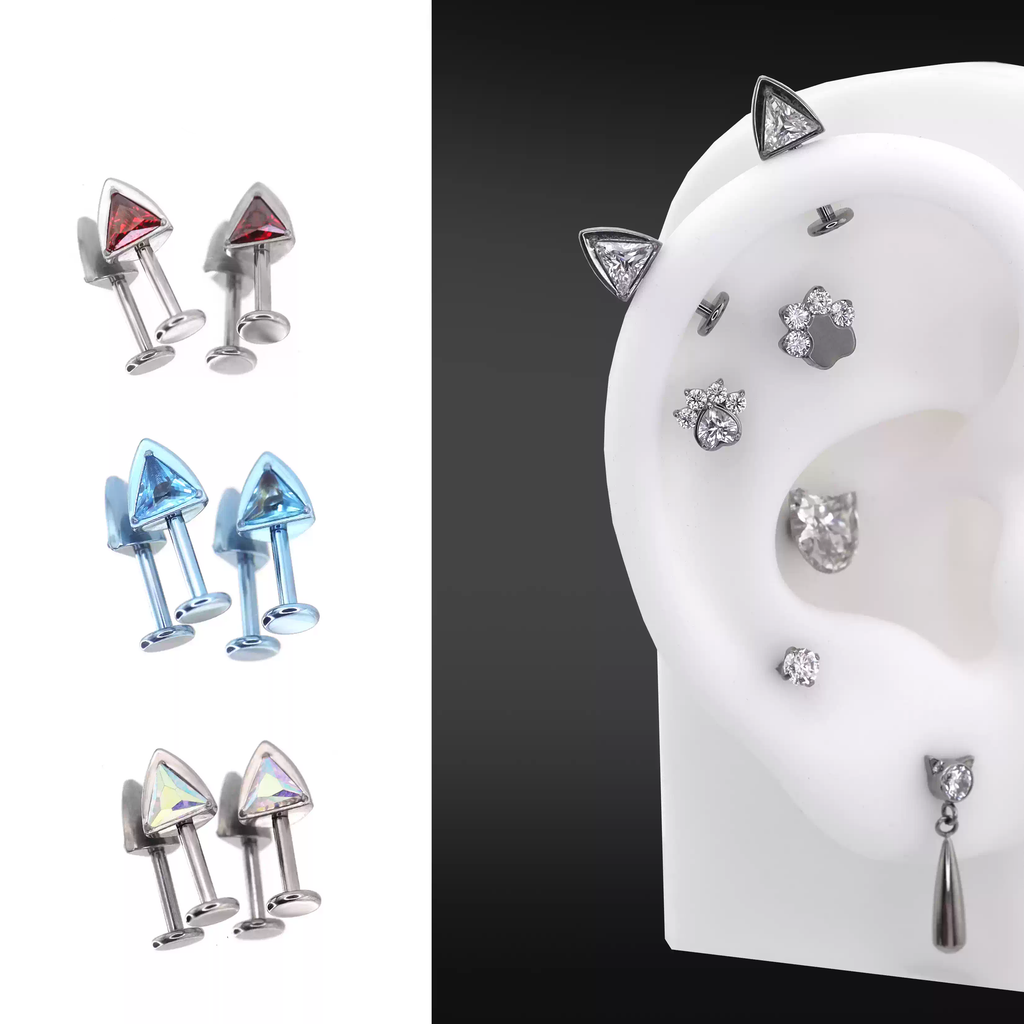 Paws & Purrs - PAIR OF Cat Ear CZ Internally Threaded Titanium Ear Stud - product overview