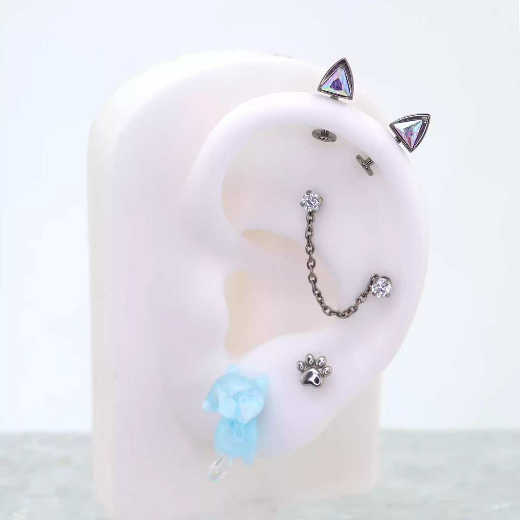 Paws & Purrs - PAIR OF Cat Ear CZ Internally Threaded Titanium Ear Stud - Champagne Gold