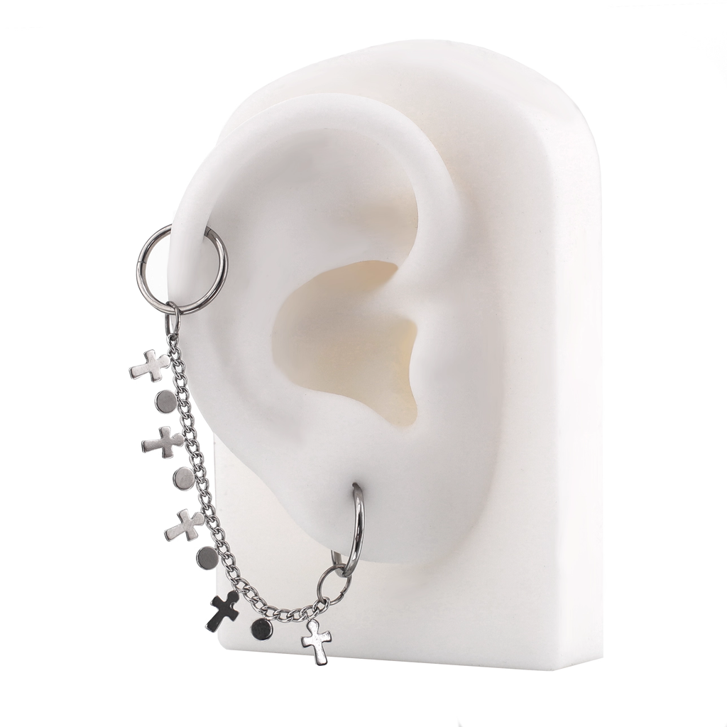 Metal Gotic Cross Stainless Steel Ear Chain - Metal Gotic Cross Stainless Steel Ear Chain - Cross Chain & Clicker