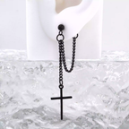 Silver & Black Cross Drop Chain Stainless Steel Ear Studs - Black