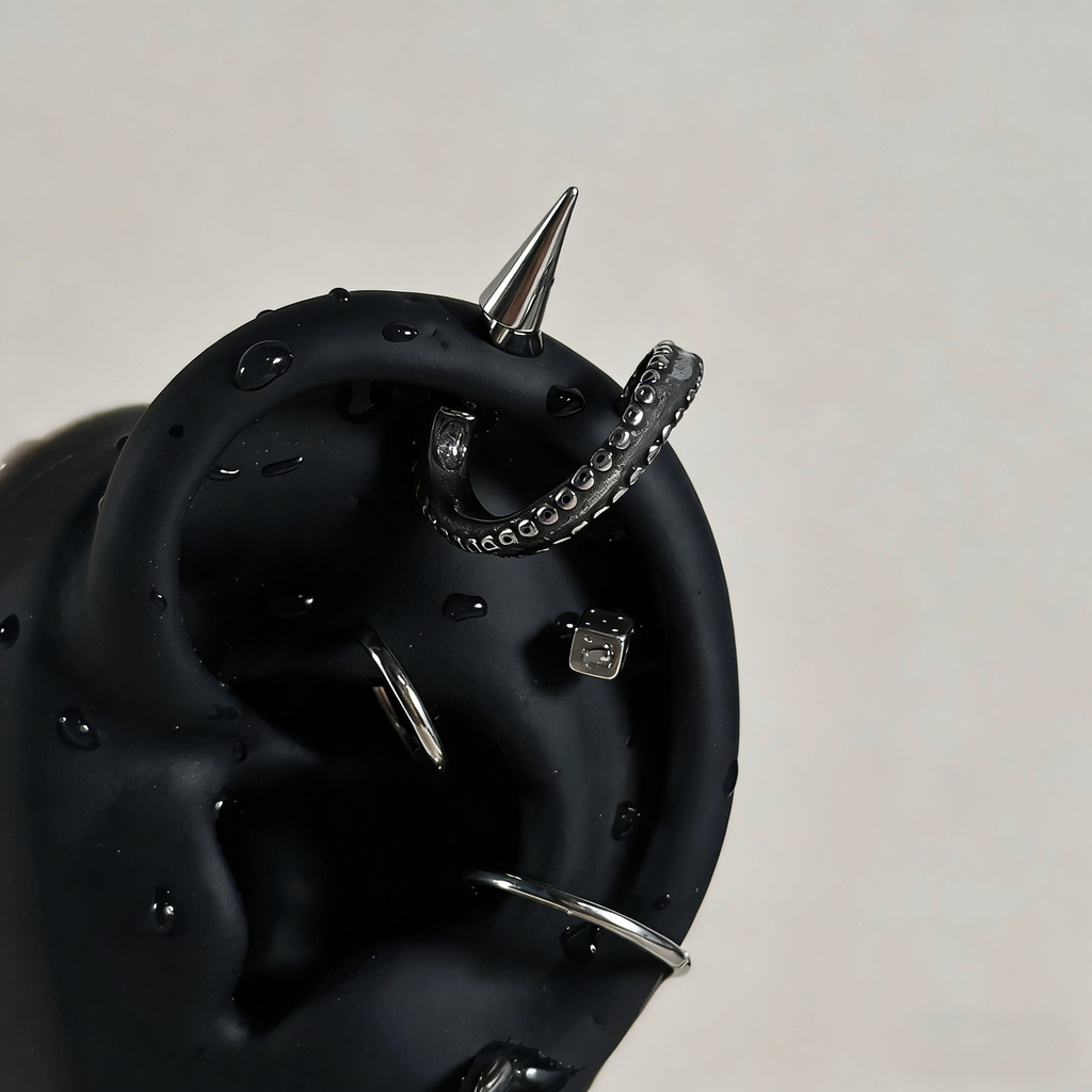 Cyberpunk Spiked Tentacle & Dice Ear Stack Silver Earring Set - ear and cartilage jewelry 1