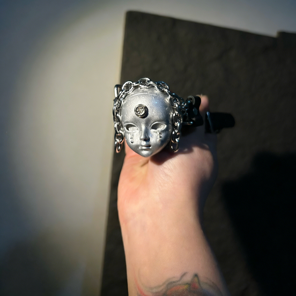 Silver Metallic "Third Eye" Crying Doll Face Choker - Black Leather & Gothic Cross Studs - Crux Jewelry product image 1