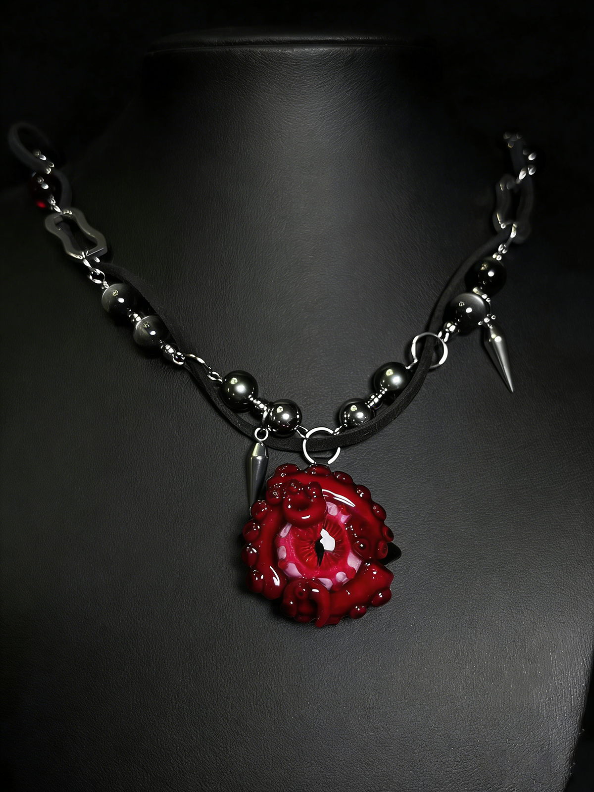 thulhu Eye" Red Tentacle Pendant Necklace - Black Beads & Silver Spikes - body jewelry 1