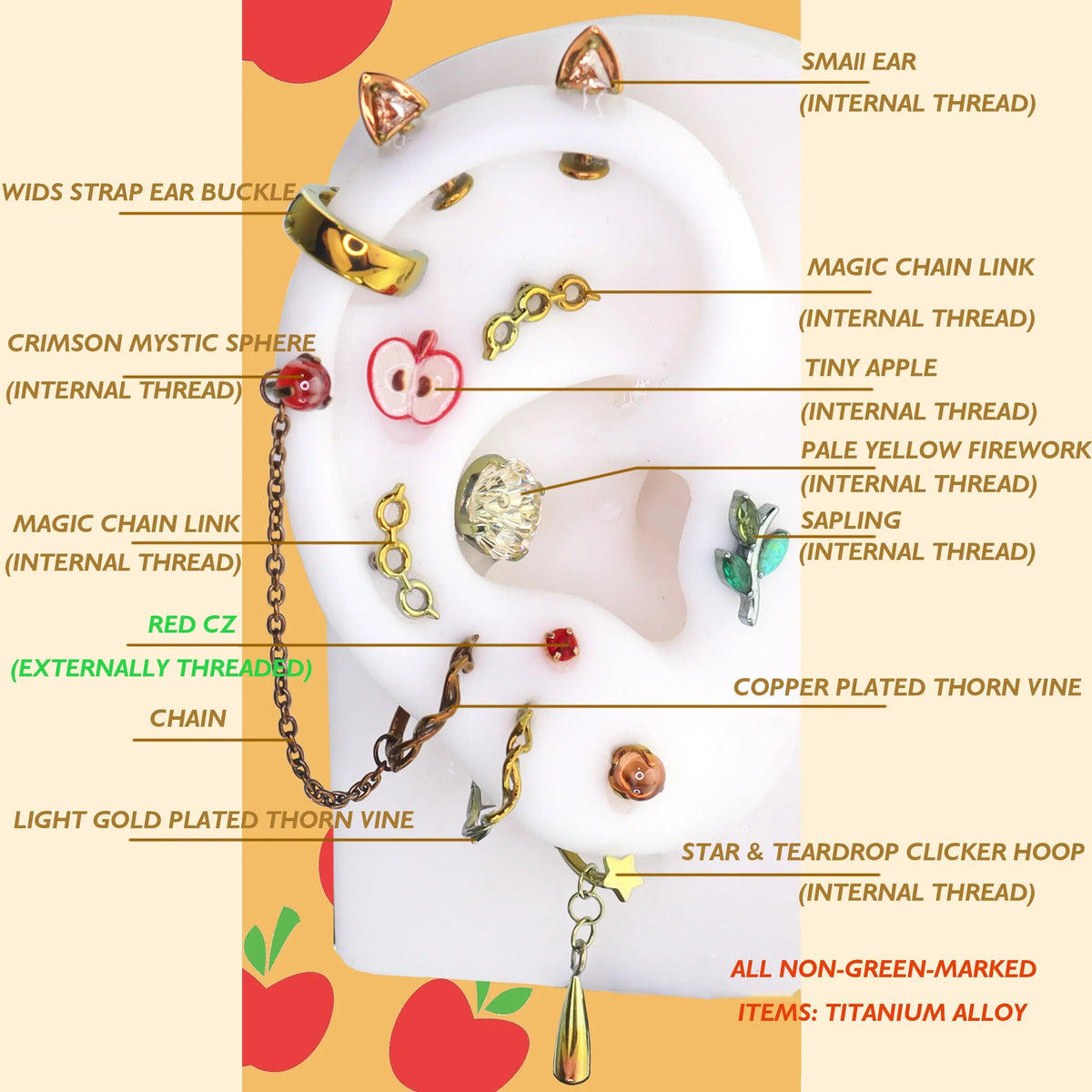 Applejack ear curation set with labeled jewelry components