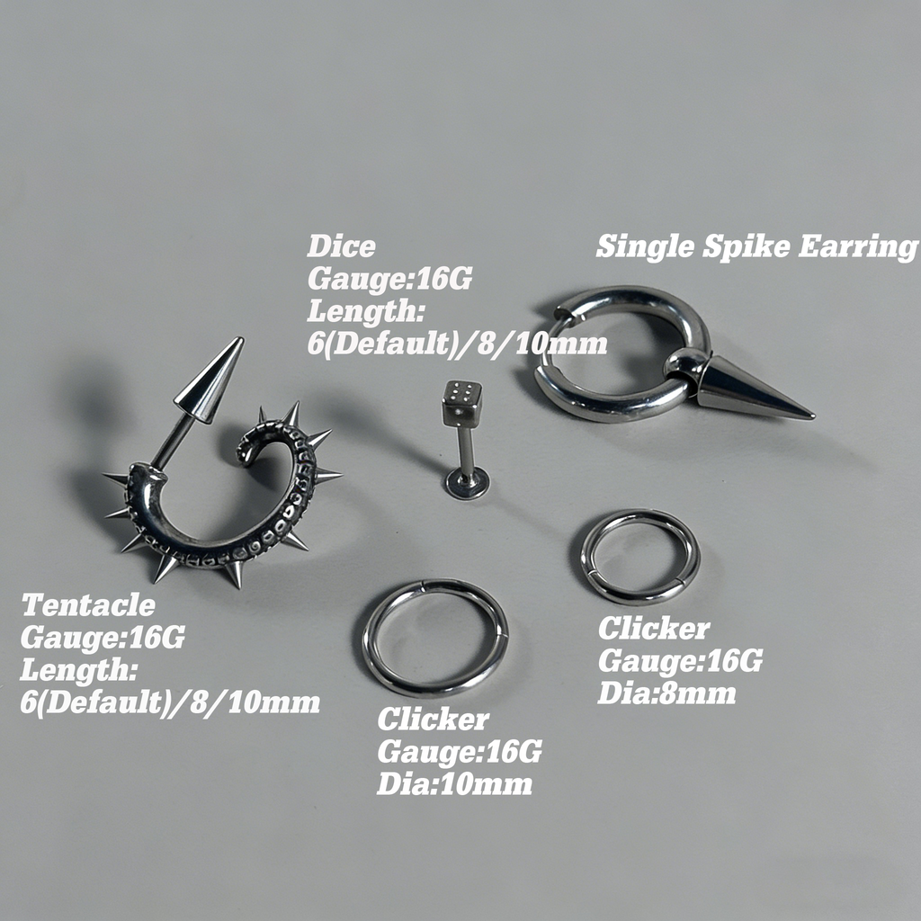 Cyberpunk Spiked Tentacle & Dice Ear Stack Silver Earring Set - ear and cartilage jewelry 3