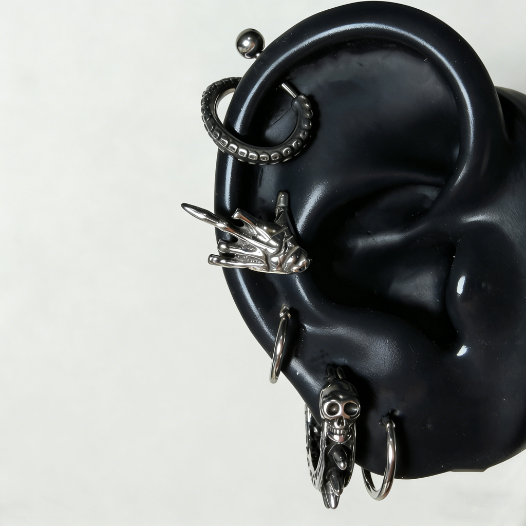 Heavy Metal Skeleton Ear Stack | Rock Hand, Tentacle & Spiked Skull Earrings Set - Crux Jewelry product image 3