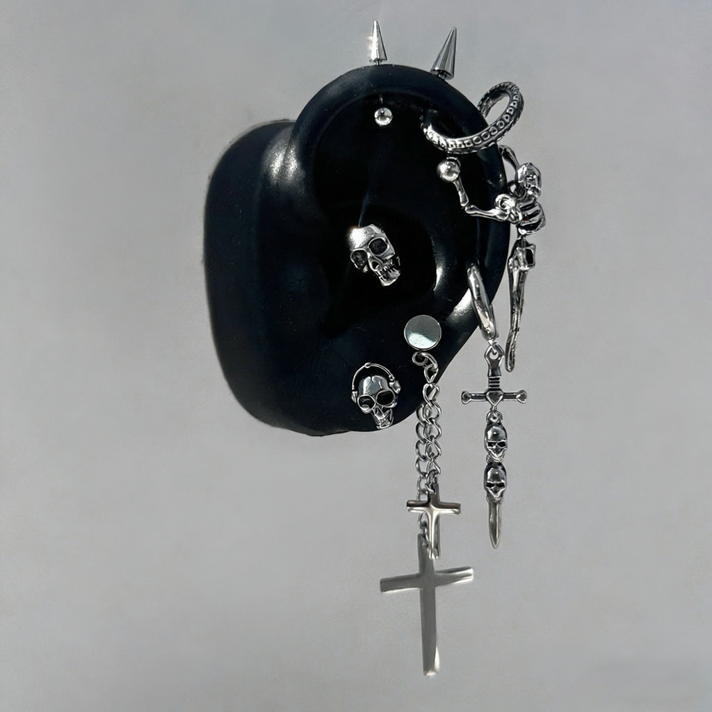 The "Dark Necromancer" Gothic Ear Stack Set - Skulls, Crosses & Tentacle Earrings Sets - ear and cartilage jewelry 4