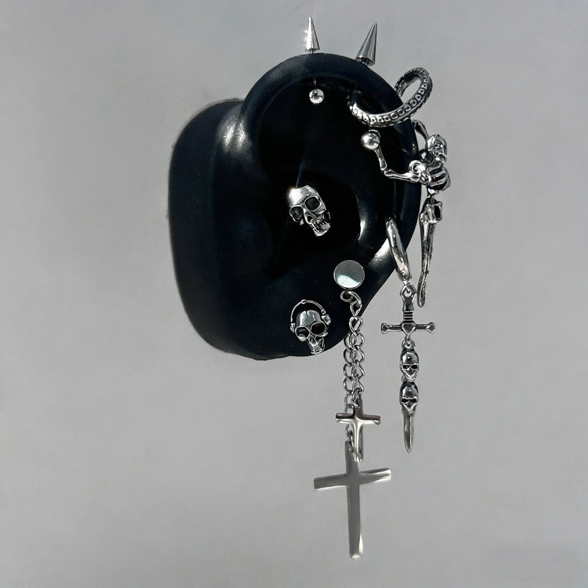 The "Dark Necromancer" Gothic Ear Stack Set - Skulls, Crosses & Tentacle Earrings Sets - ear and cartilage jewelry 4