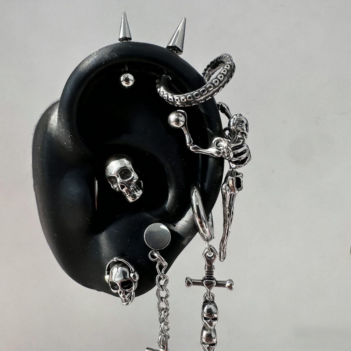 The "Dark Necromancer" Gothic Ear Stack Set - Skulls, Crosses & Tentacle Earrings Sets - ear and cartilage jewelry 1