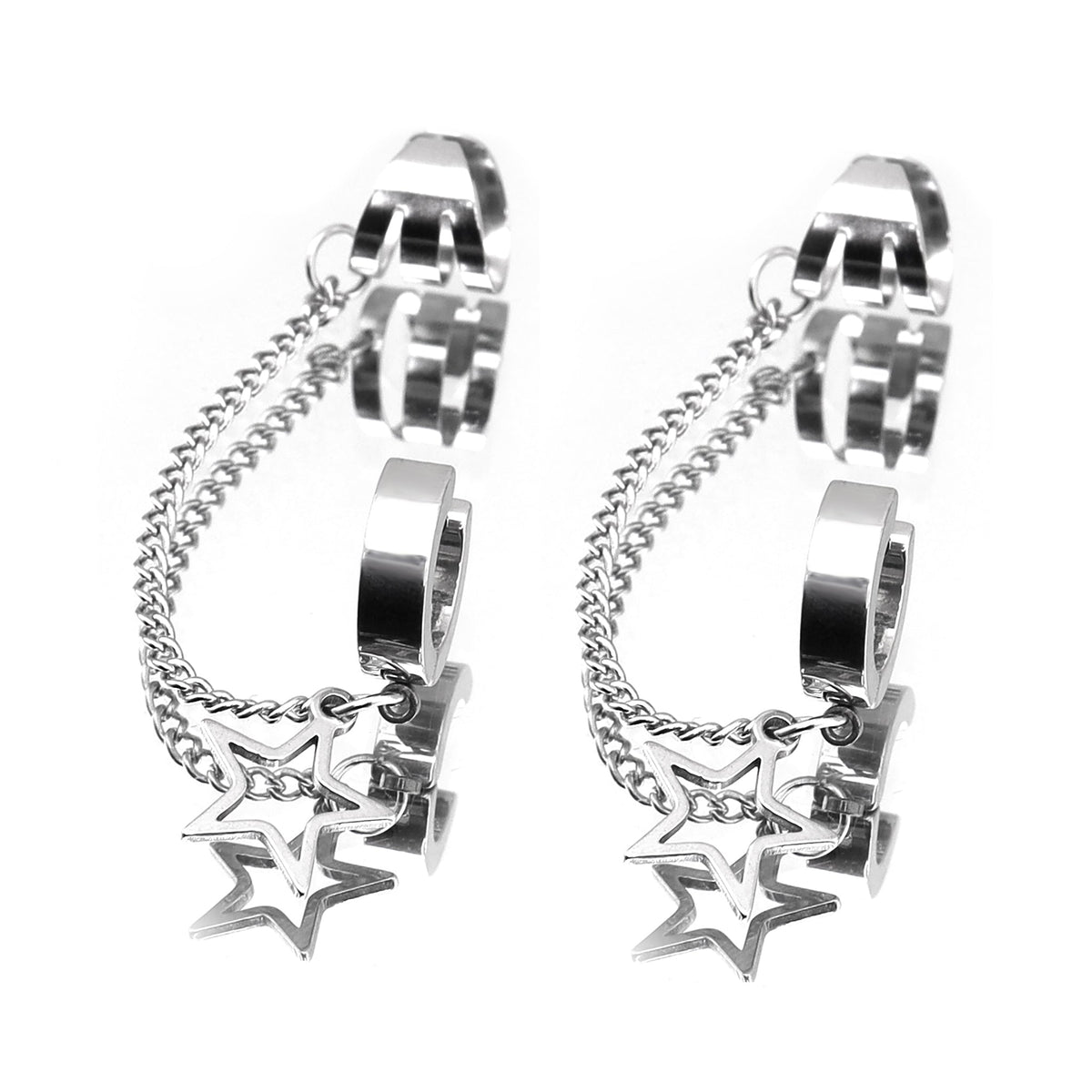 Black & White Chain Pentagram Stainless Steel Ear Clips - White