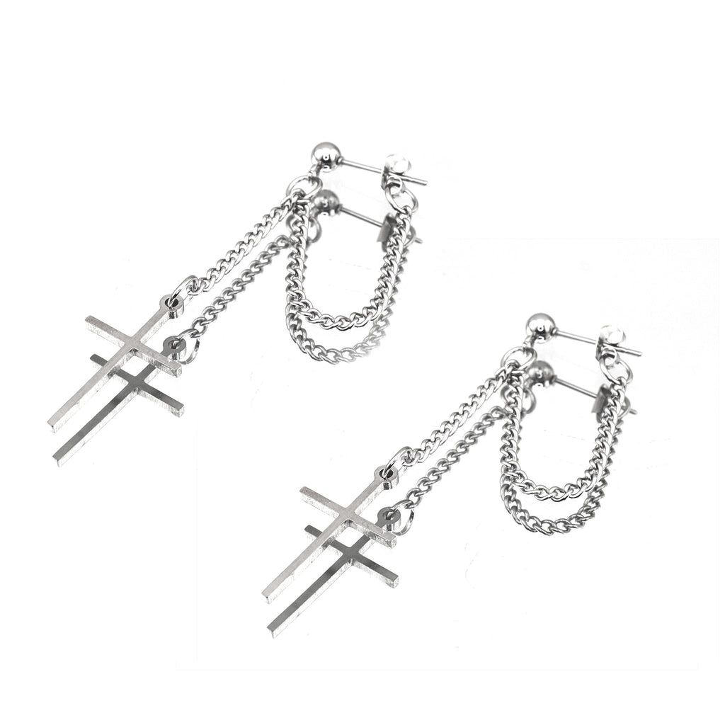 Silver & Black Cross Drop Chain Stainless Steel Ear Studs - Sliver