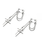 Silver & Black Cross Drop Chain Stainless Steel Ear Studs - Sliver