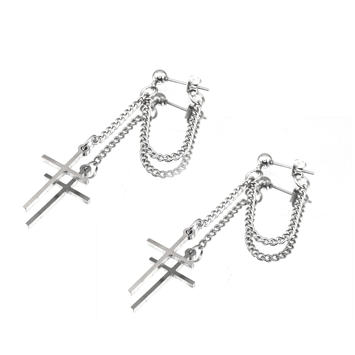 Silver & Black Cross Drop Chain Stainless Steel Ear Studs - Sliver