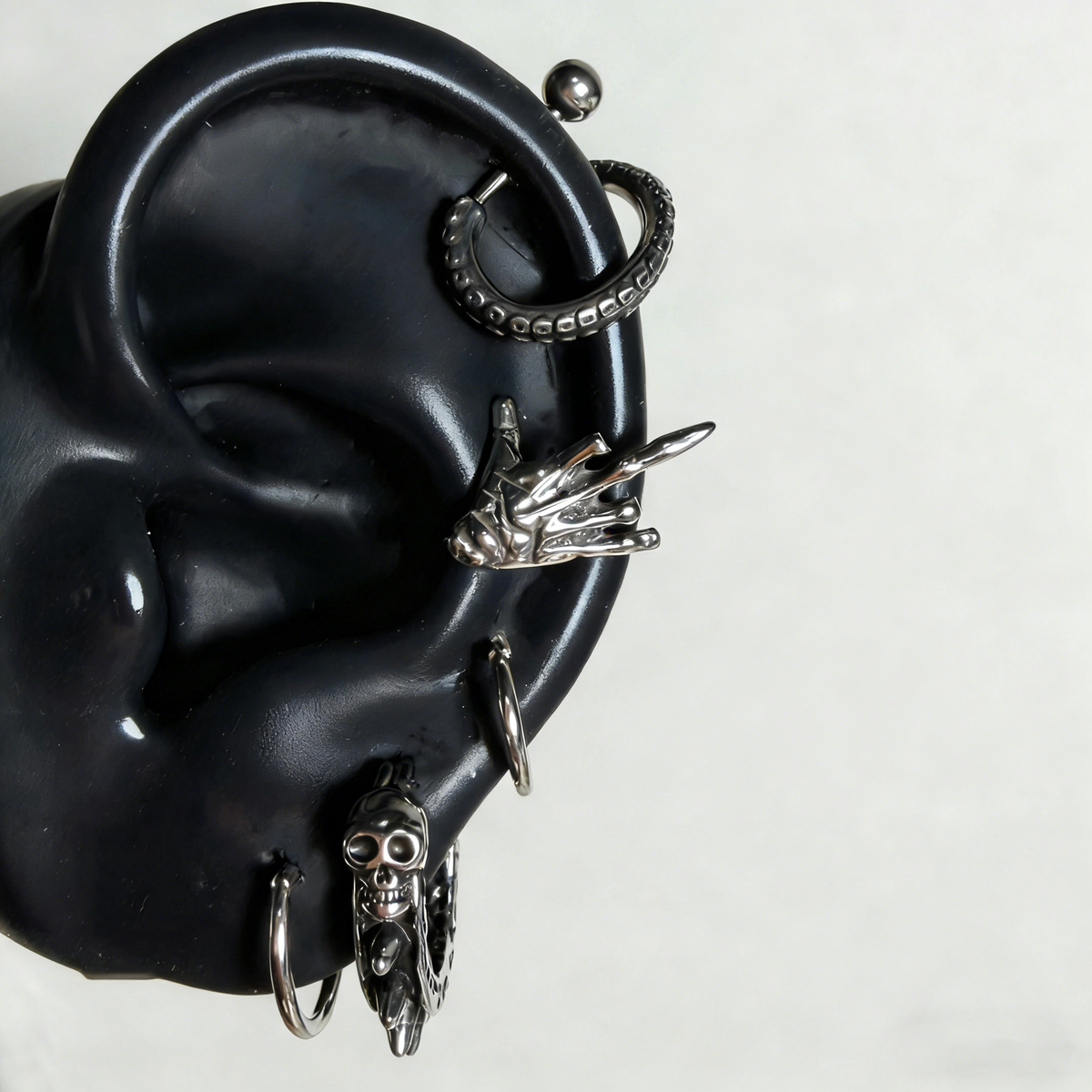 Heavy Metal Skeleton Ear Stack | Rock Hand, Tentacle & Spiked Skull Earrings Set - Crux Jewelry product image 1